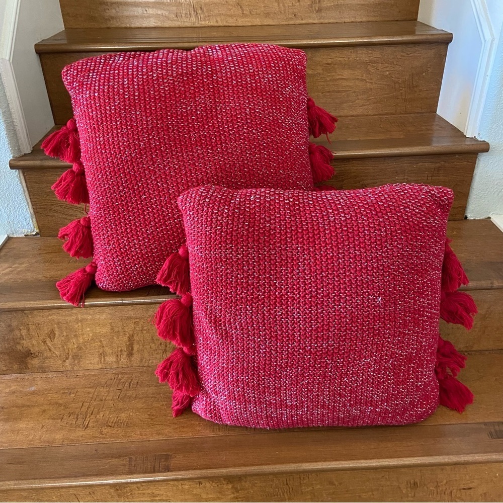 Kirkland Two Red with Sliver Embellishment and Tassels 18” Throw Pillows.